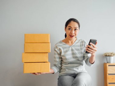 Asyalı kadın onu online iş smartphone uygulaması aracılığıyla büyük sipariş aldı.