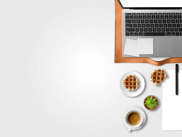 Flat Lay Modern Laptop Workspace Office Freelance Coffee Waffles Document — Stock Photo, Image