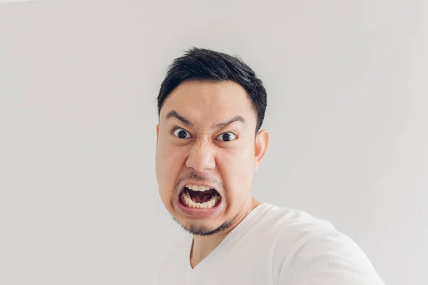 Close up face of angry man selfie himself. — Stock Photo, Image