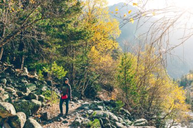 Asian woman hike through mountain and beautiful nature of forest.
