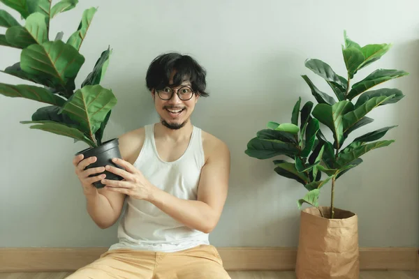 Homem solitário sendo amigo de sua planta de árvore no apartamento . — Fotografia de Stock