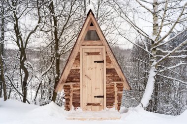 Kış orman içinde kırmızı çatılı günlüğünden bir ahşap ev