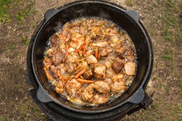 Meat with carrots and onion in cauldron on fire — Stock Photo, Image