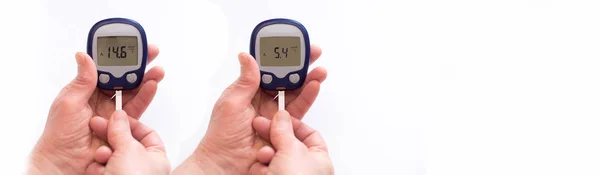 Medicin, diabetes, glykemi, sjukvård och människor koncept - jämföra normalt blodsocker och högt socker. panoramautsikt — Stockfoto