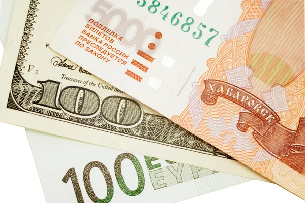 Papel moneda, banca y finanzas, ahorro de dinero. Dólares, euros y rublos. Caída y aumento del tipo de cambio —  Fotos de Stock