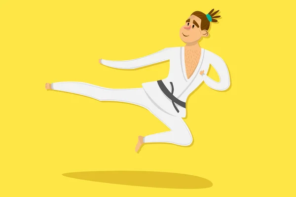 Cartoon karate man kimono opleiding dragen. komische karakter op gele achtergrond. Platte ontwerp — Stockvector