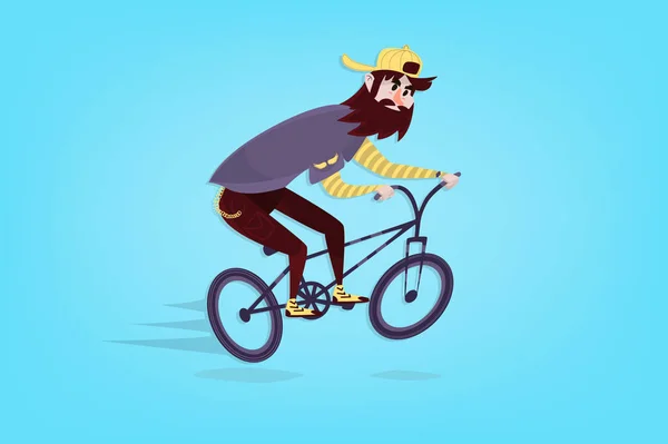 Elegante hipster cómico en la bicicleta bmx con barba sobre fondo azul. Hombre de dibujos animados — Vector de stock
