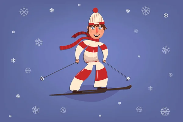 笑顔で漫画スキーヤー。冬のスポーツ。雪の結晶の背景。コミック少年 — ストックベクタ