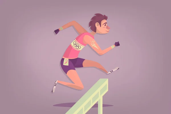 Deportista de vallas cómicas. Dibujos animados Atletismo Hurdle Jumping . — Archivo Imágenes Vectoriales