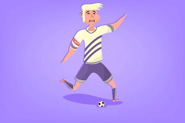 Futbolista cómico con balón en plano. Imagen de dibujos animados — Vector de stock