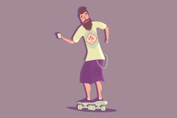 留着胡子骑退潮 skateboard.Comic 字符酷矢量时髦人性格 — 图库矢量图片