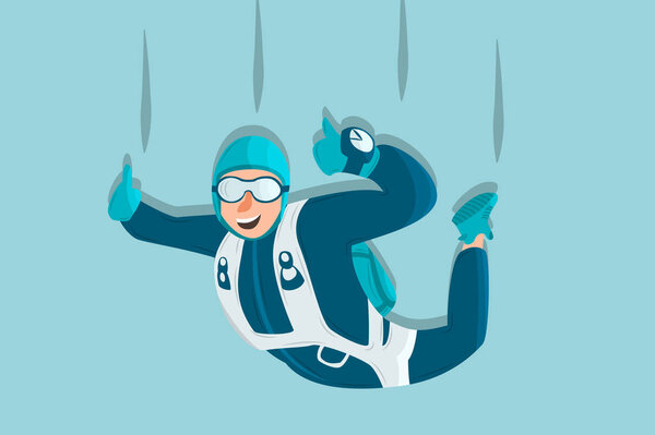 Sky diving cartoon sportsman. Comic character