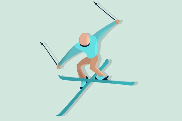 Pemain ski Komik melompat. Karakter olahraga datar - Stok Vektor