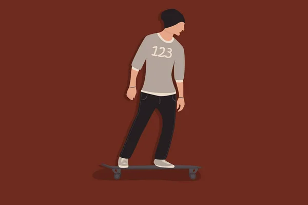 Coole Vektor-Hipster-Mann-Figur auf Skateboard. Karikatur — Stockvektor