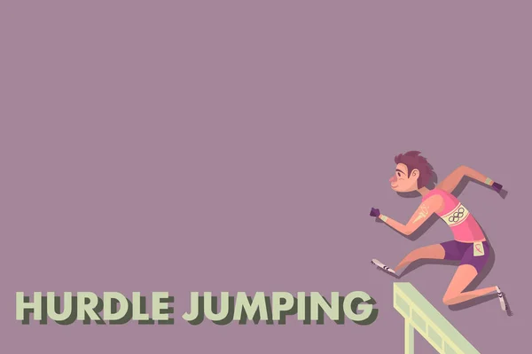 Atlet hurdler komik. Cartoon Athletics Hurdle Jumping . - Stok Vektor