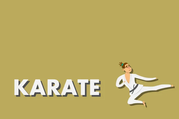 Cartoon karate uomo indossa allenamento kimono. carattere comico su sfondo giallo. Design piatto — Vettoriale Stock