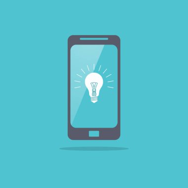 Düz tasarım vektör iş illüstrasyon kavramı ışık lamba ampul içinde telefon, Web sitesi ve promosyon afiş için tablet ile yaratıcı fikir.