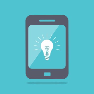 Düz tasarım vektör iş illüstrasyon kavramı ışık lamba ampul içinde telefon, Web sitesi ve promosyon afiş için tablet ile yaratıcı fikir.