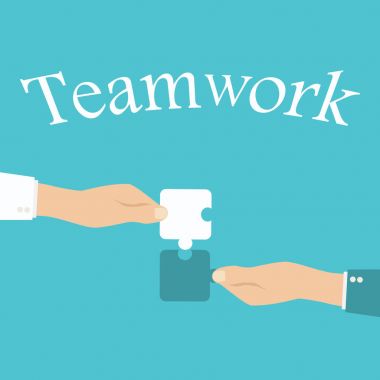 Takım çalışması ve işbirliği kavramı. Elleri tutan ve koyarak birlikte adet bulmaca.