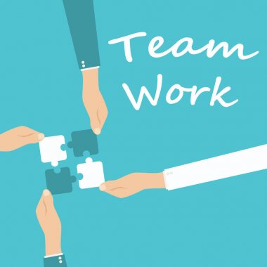 Takım çalışması ve işbirliği kavramı. Elleri tutan ve koyarak birlikte adet bulmaca.