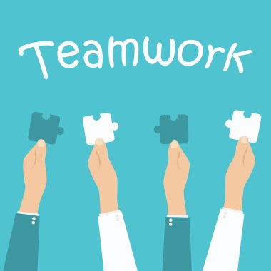 Takım çalışması ve işbirliği kavramı. Elleri tutan ve koyarak birlikte adet bulmaca.