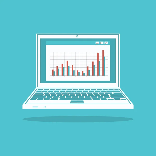 Ilustração moderna plana do processo de análise com gráfico infográfico exibido no laptop e negócios analisando símbolos como pesquisa, ideia, diagrama e lista de tarefas — Vetor de Stock