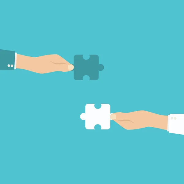 Teamwork en samenwerking concept. Handen houden en brengen puzzel stukjes samen. — Stockvector