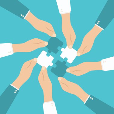 Takım çalışması ve işbirliği kavramı. Elleri tutan ve koyarak birlikte adet bulmaca.