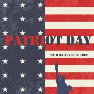 Biz asla unutmayacağım. 9/11 vatansever gün arka plan, Amerikan bayrağı çizgili arka plan. Vatansever gün 11 Eylül 2001 Poster şablonu