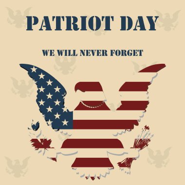 Biz asla unutmayacağım. 9/11 vatansever gün arka plan, Amerikan bayrağı çizgili arka plan. Vatansever gün 11 Eylül 2001 Poster şablonu