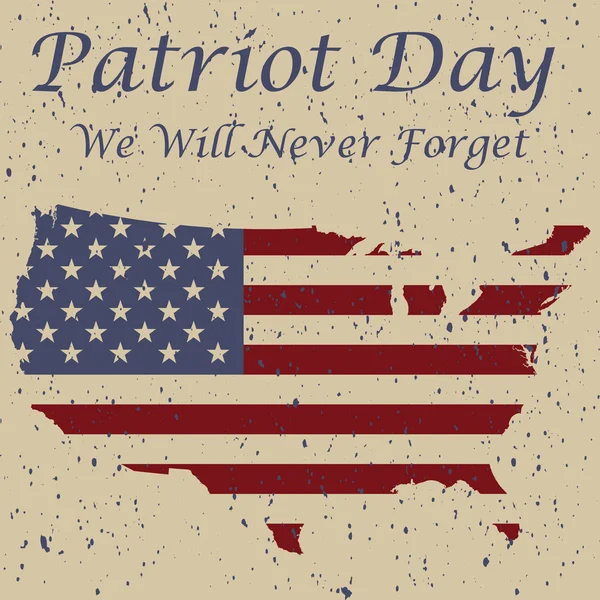 我们将永远不会忘记。9/11 爱国者天背景，美国国旗条纹背景。爱国者天 2001 年 9 月 11 日海报模板 — 图库矢量图片