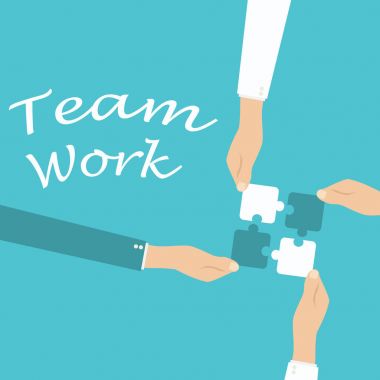 Takım çalışması ve işbirliği kavramı. Elleri tutan ve koyarak birlikte adet bulmaca.