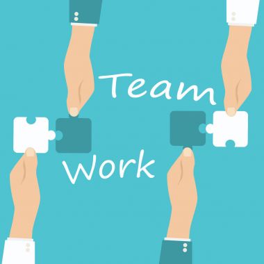 Takım çalışması ve işbirliği kavramı. Elleri tutan ve koyarak birlikte adet bulmaca.