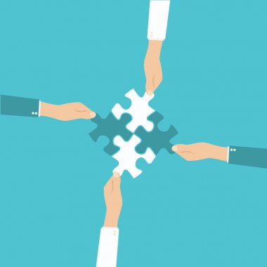 Takım çalışması ve işbirliği kavramı. Elleri tutan ve koyarak birlikte adet bulmaca.