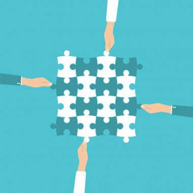 Takım çalışması ve işbirliği kavramı. Elleri tutan ve koyarak birlikte adet bulmaca.