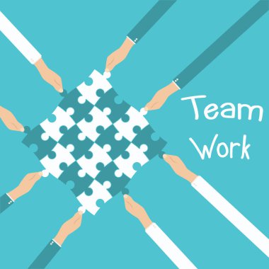 Takım çalışması ve işbirliği kavramı. Elleri tutan ve koyarak birlikte adet bulmaca.