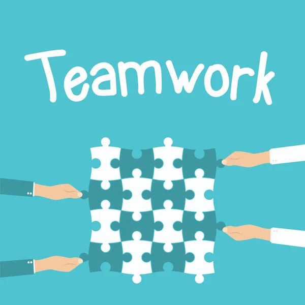 Travail d'équipe et concept de coopération. Mains tenant et mettant des pièces de puzzle ensemble . — Image vectorielle