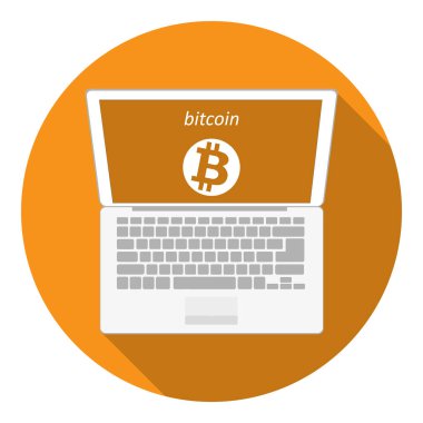 Bitcoin Cripto para blockchain. Bitcoin düz logosunun cihazlarda turuncu zemin üzerine. dizüstü bilgisayar, tablet, telefon.