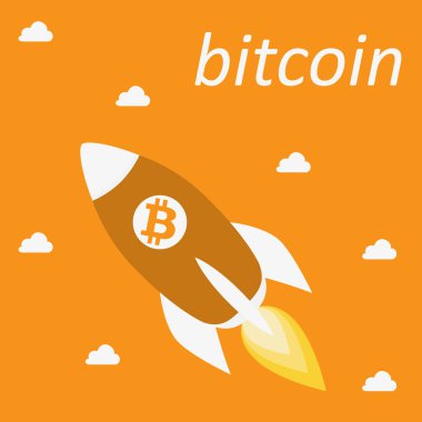 Bitcoin Cripto para blockchain. Bitcoin düz logosunun turuncu zemin üzerine. Üzerinde bir roket Bitcoin