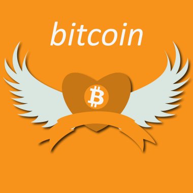 Bitcoin Cripto para blockchain. Bitcoin düz logosunun turuncu zemin üzerine. Bitcoin'kalbinde kanatlı
