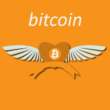 Bitcoin Cripto para blockchain. Bitcoin düz logosunun turuncu zemin üzerine. Bitcoin'kalbinde kanatlı