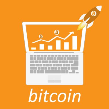 Bitcoin Cripto para blockchain. Bitcoin düz logosunun cihazlarda turuncu zemin üzerine. dizüstü bilgisayar, tablet, telefon.