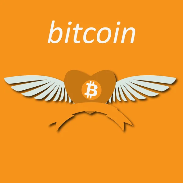 Bitcoin Cripto blockchain valuta. Logo piatto Bitcoin su sfondo arancione. Bitcoin nel cuore con le ali — Vettoriale Stock