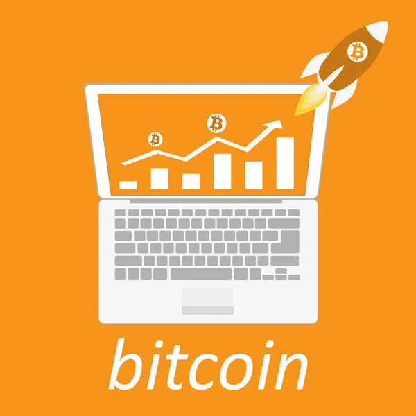 Bitcoin Cripto blockchain valuta. Logo piatto Bitcoin su sfondo arancione su dispositivi. laptop, tablet, telefono . — Vettoriale Stock