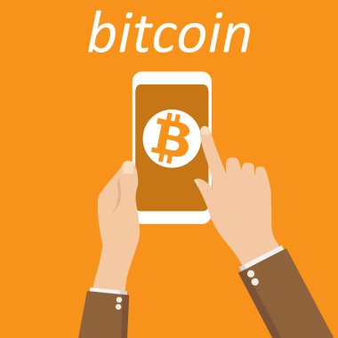 Bitcoin Cripto para blockchain. Bitcoin düz logosunun cihazlarda turuncu zemin üzerine. dizüstü bilgisayar, tablet, telefon.