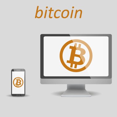 Bitcoin Cripto para blockchain. Bitcoin düz logosunun cihazlarda turuncu zemin üzerine. dizüstü bilgisayar, tablet, telefon.