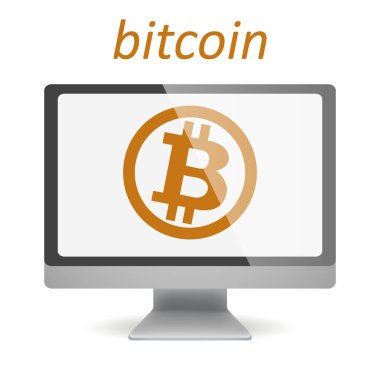 Bitcoin Cripto para blockchain. Bitcoin düz logosunun cihazlarda turuncu zemin üzerine. dizüstü bilgisayar, tablet, telefon.