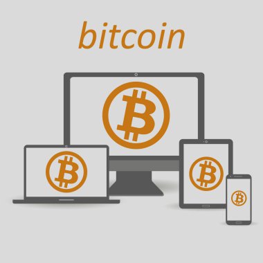Bitcoin Cripto para blockchain. Bitcoin düz logosunun cihazlarda turuncu zemin üzerine. dizüstü bilgisayar, tablet, telefon.