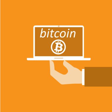Bitcoin Cripto para blockchain. Bitcoin düz logosunun cihazlarda turuncu zemin üzerine. dizüstü bilgisayar, tablet, telefon.