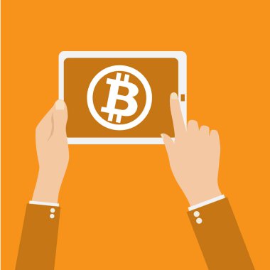 Bitcoin Cripto para blockchain. Bitcoin düz logosunun cihazlarda turuncu zemin üzerine. dizüstü bilgisayar, tablet, telefon.